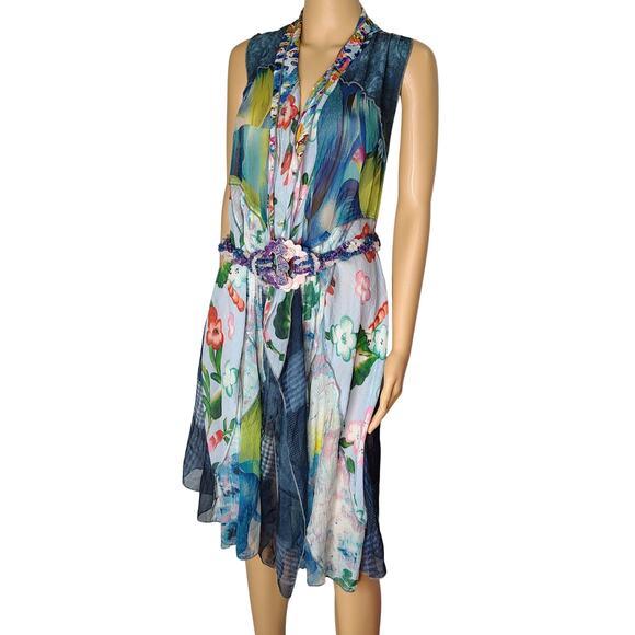 Blue Multi-color Floral Print Sheer Patchwork Open Front Long Flowy Vest Size M - Picture 1 of 11